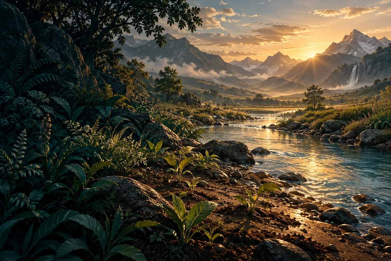Clay-toned earth, a flowing river, and new growth recall earthly responsibility and renewal.
