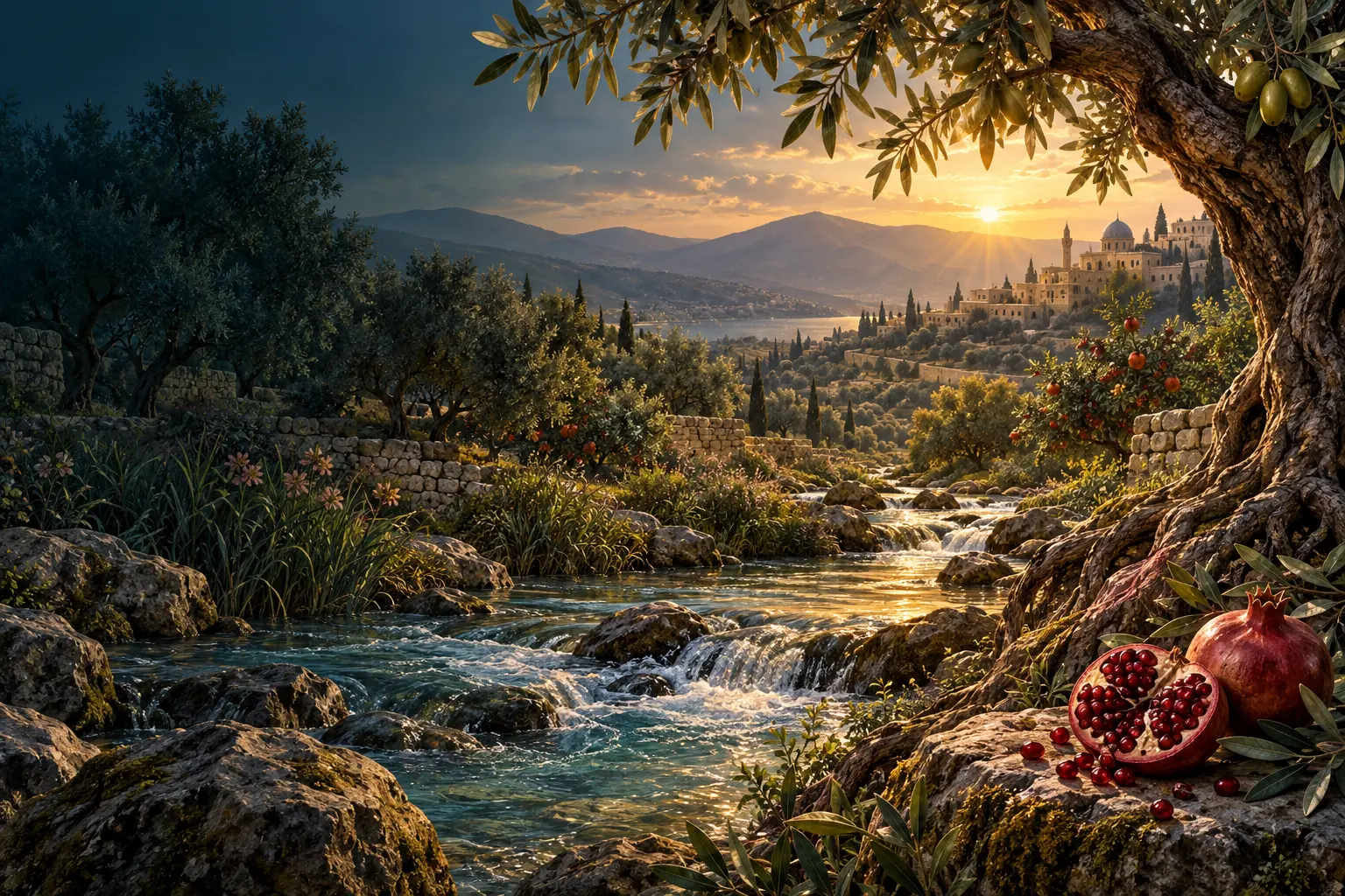 A clear stream and interwoven orchard roots evoke continuity and goodness.