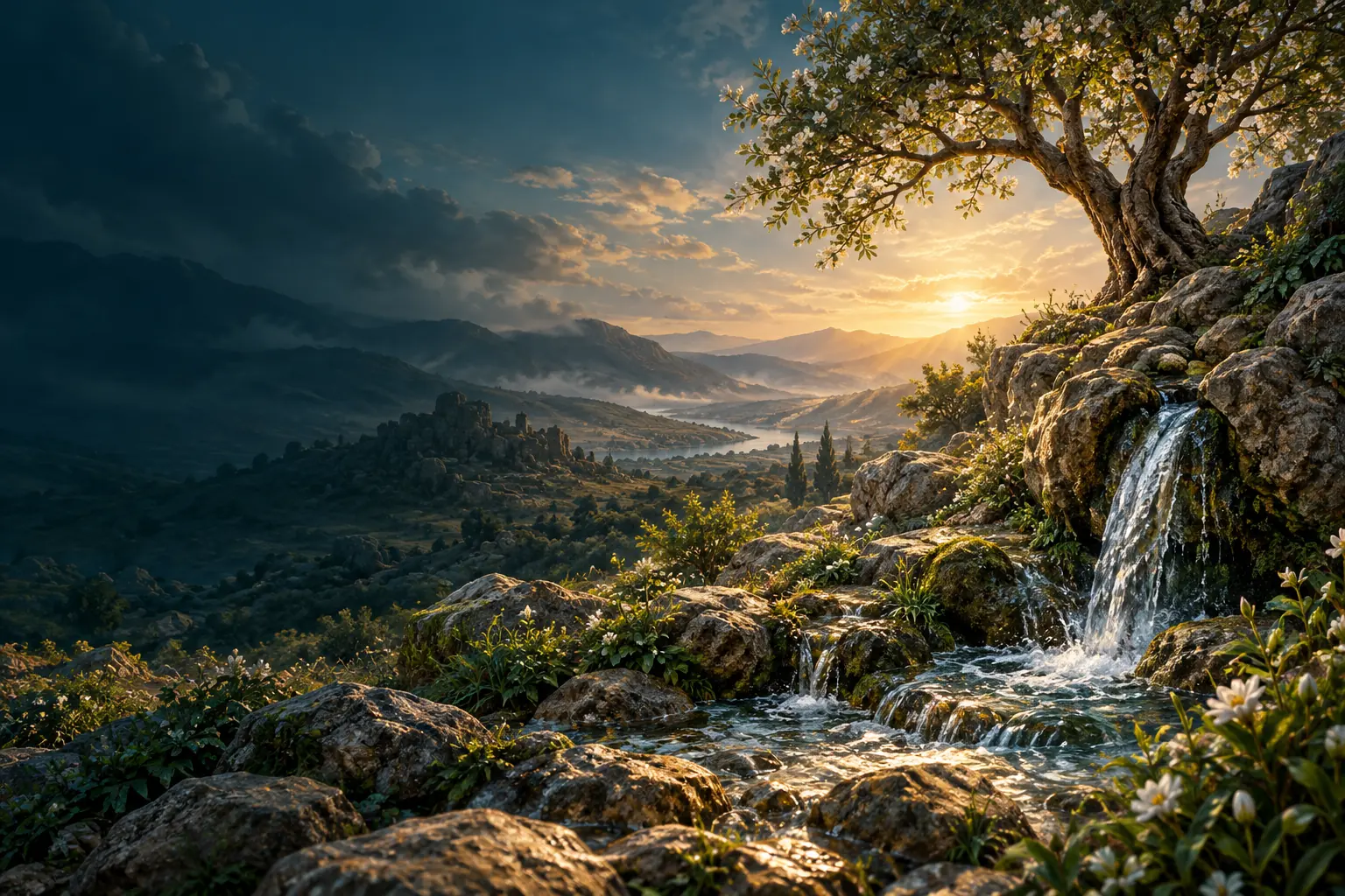 Fresh water emerging among rocks and new growth after rain evoke relief and renewal.