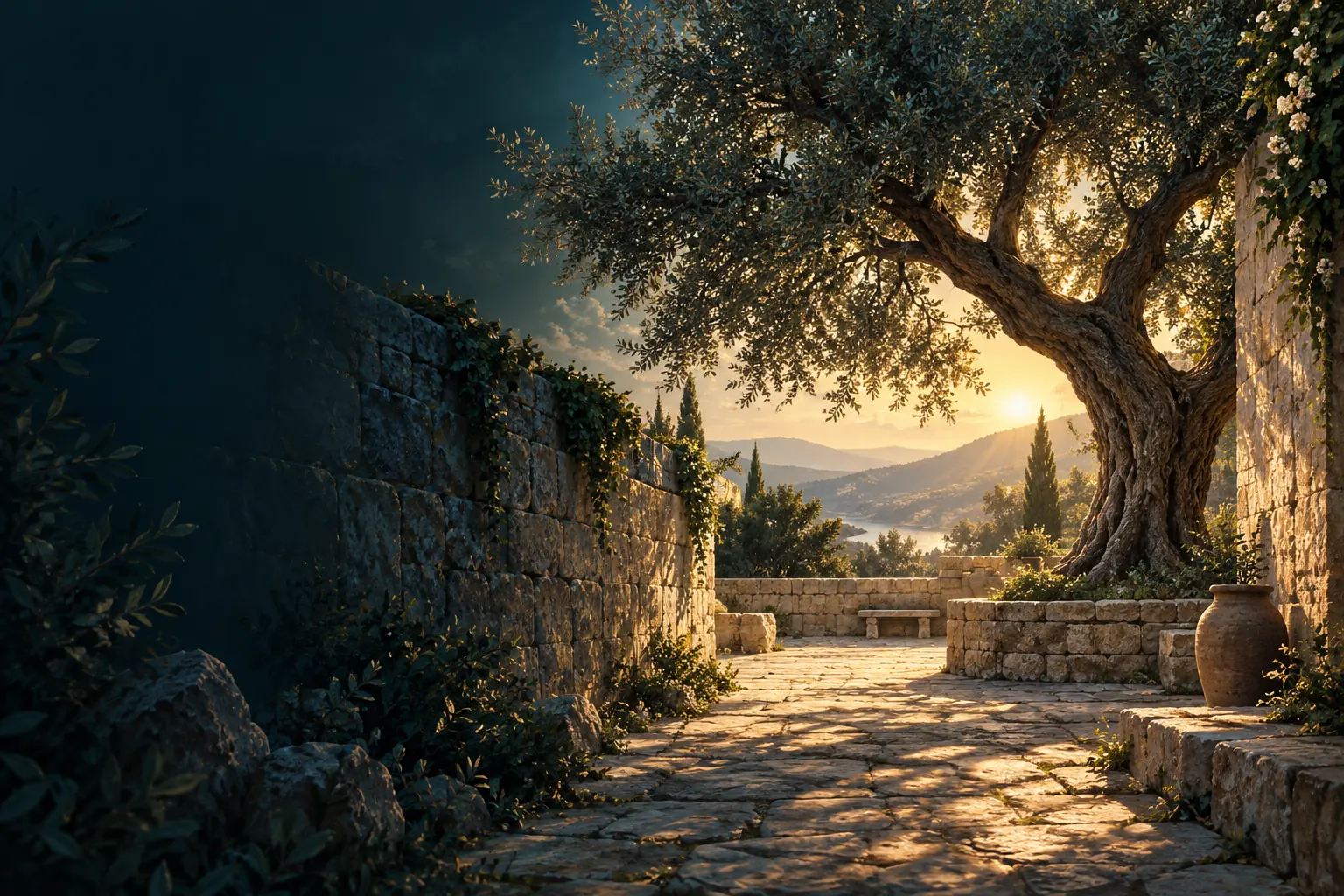An enduring tree beside weathered stone evokes constancy.
