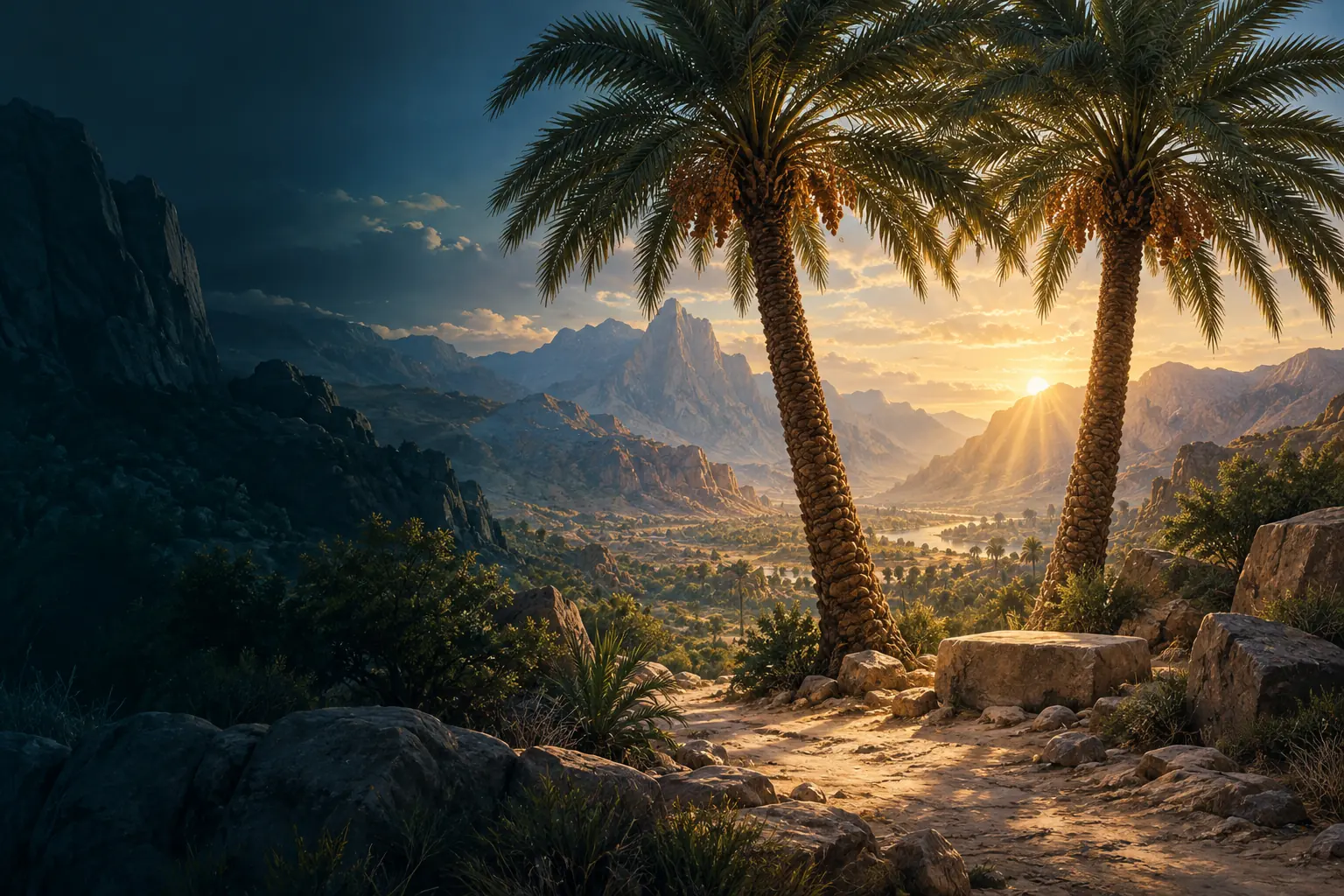 Two date palms beside one valley path evoke cooperation in a shared mission.