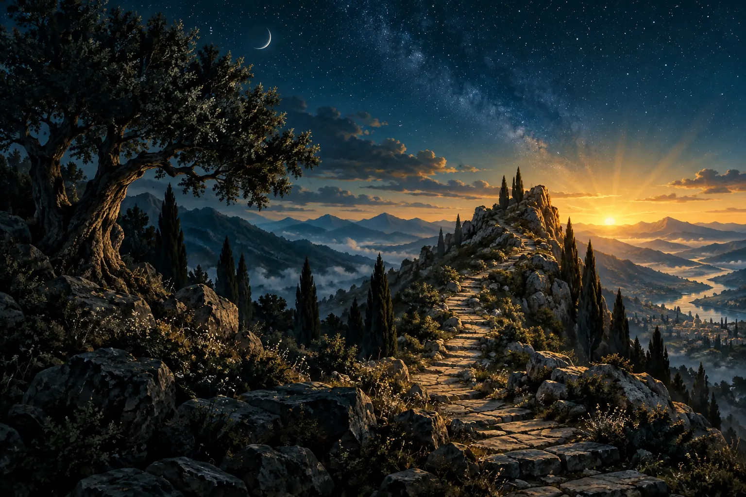 A resilient tree beside an ascending mountain path evokes steadfastness.