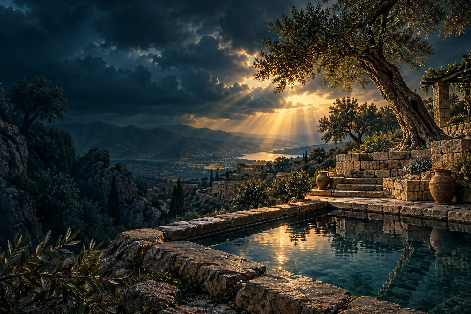 Olive terraces under gathering rain clouds offer a thematic landscape of renewal.