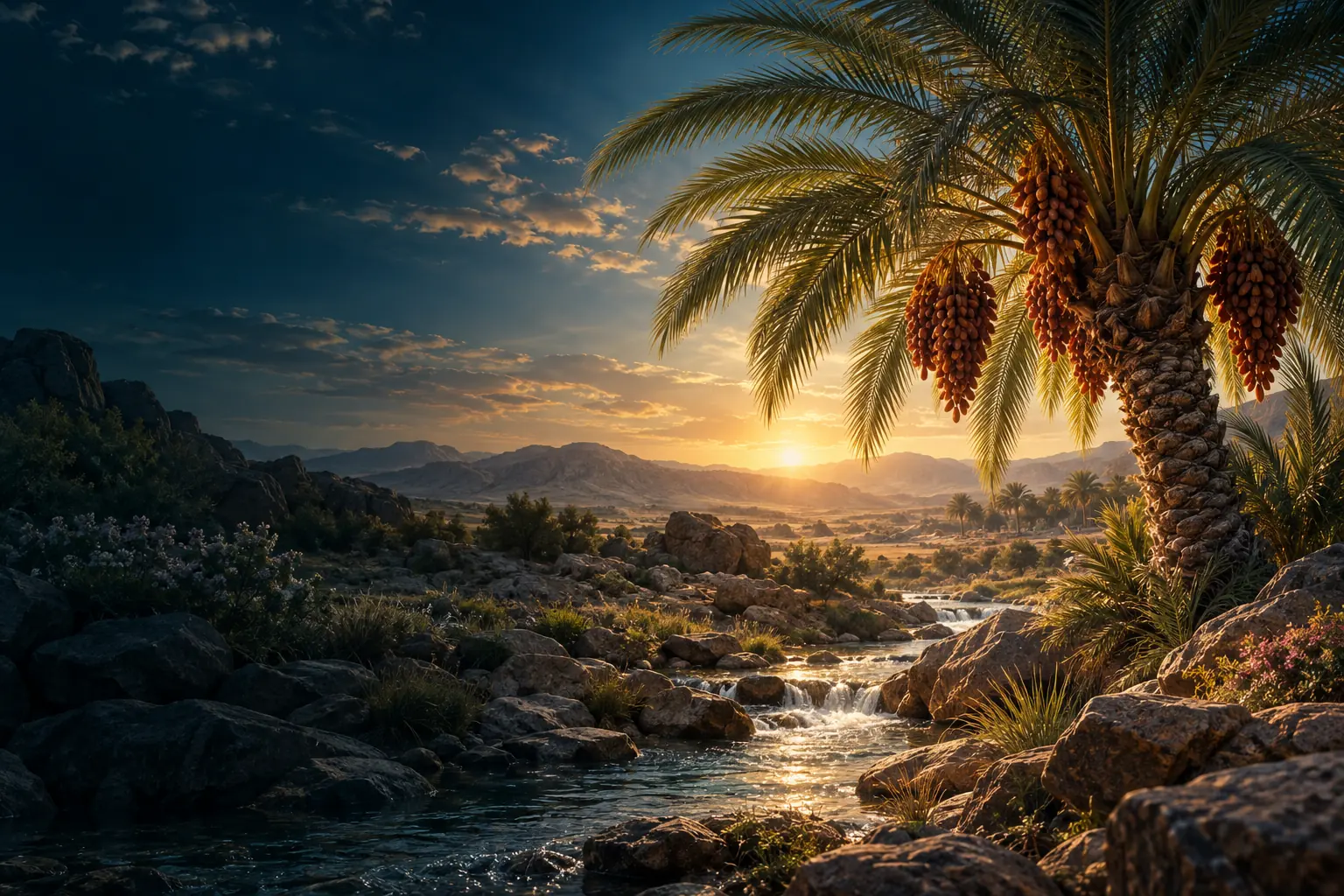 A date palm beside water recalls the setting of Maryam’s labor in Surah Maryam.