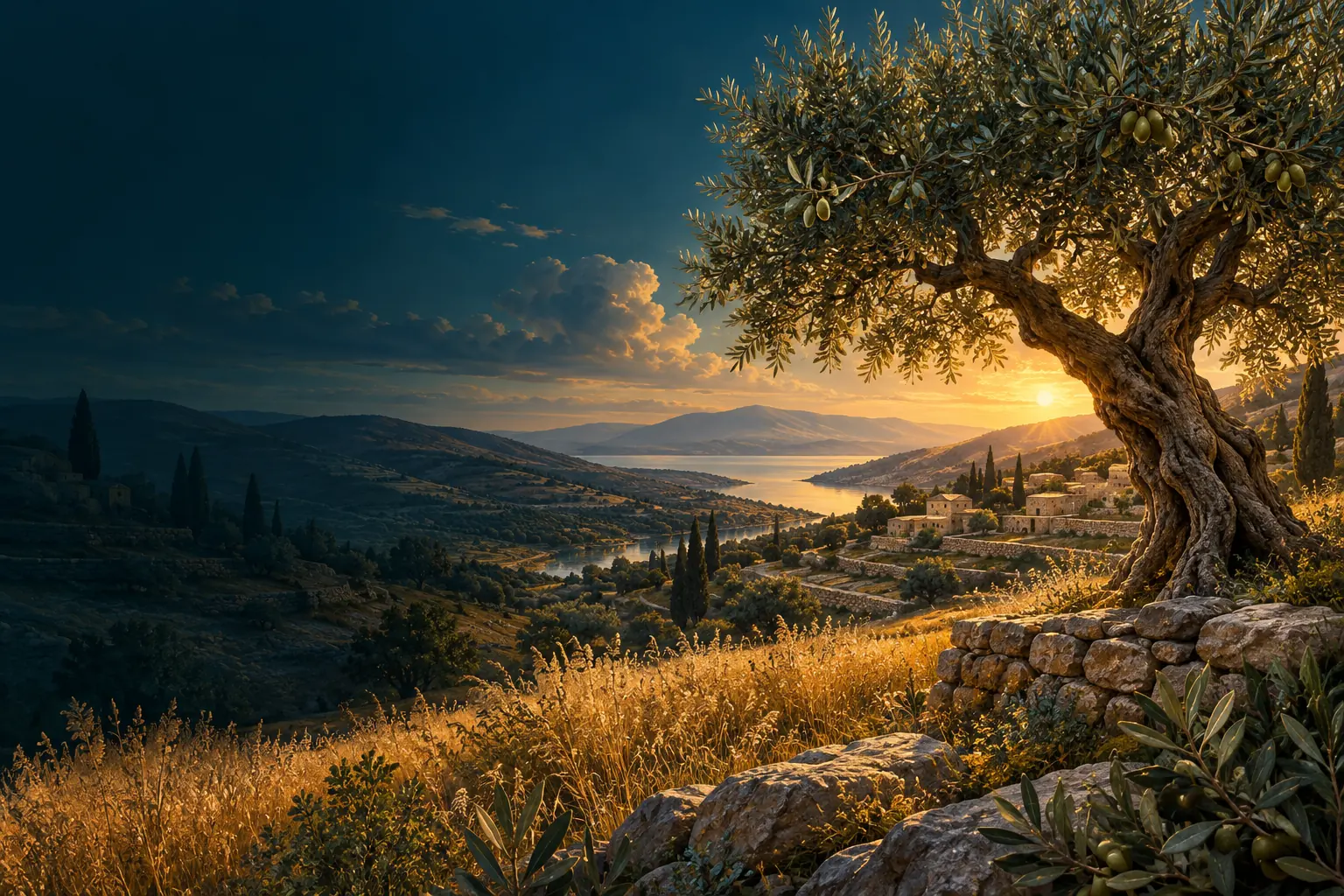 A flourishing olive tree beside cultivated fields evokes blessing and continuity.