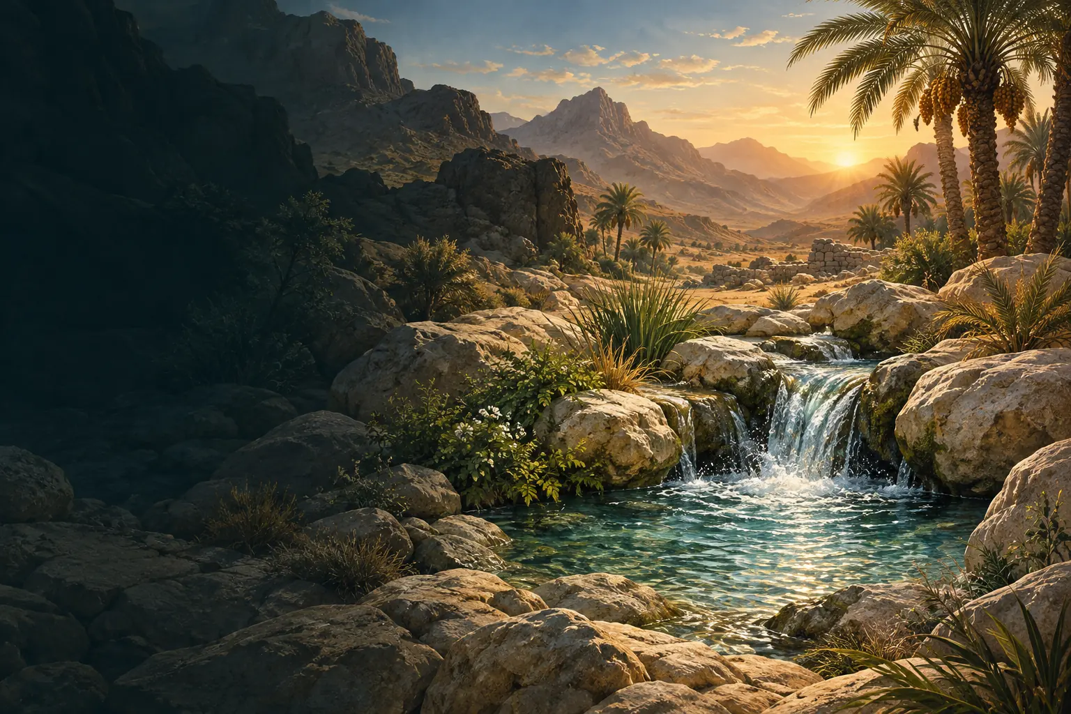 A spring in an otherwise dry valley recalls the Zamzam account and the emergence of life around water.