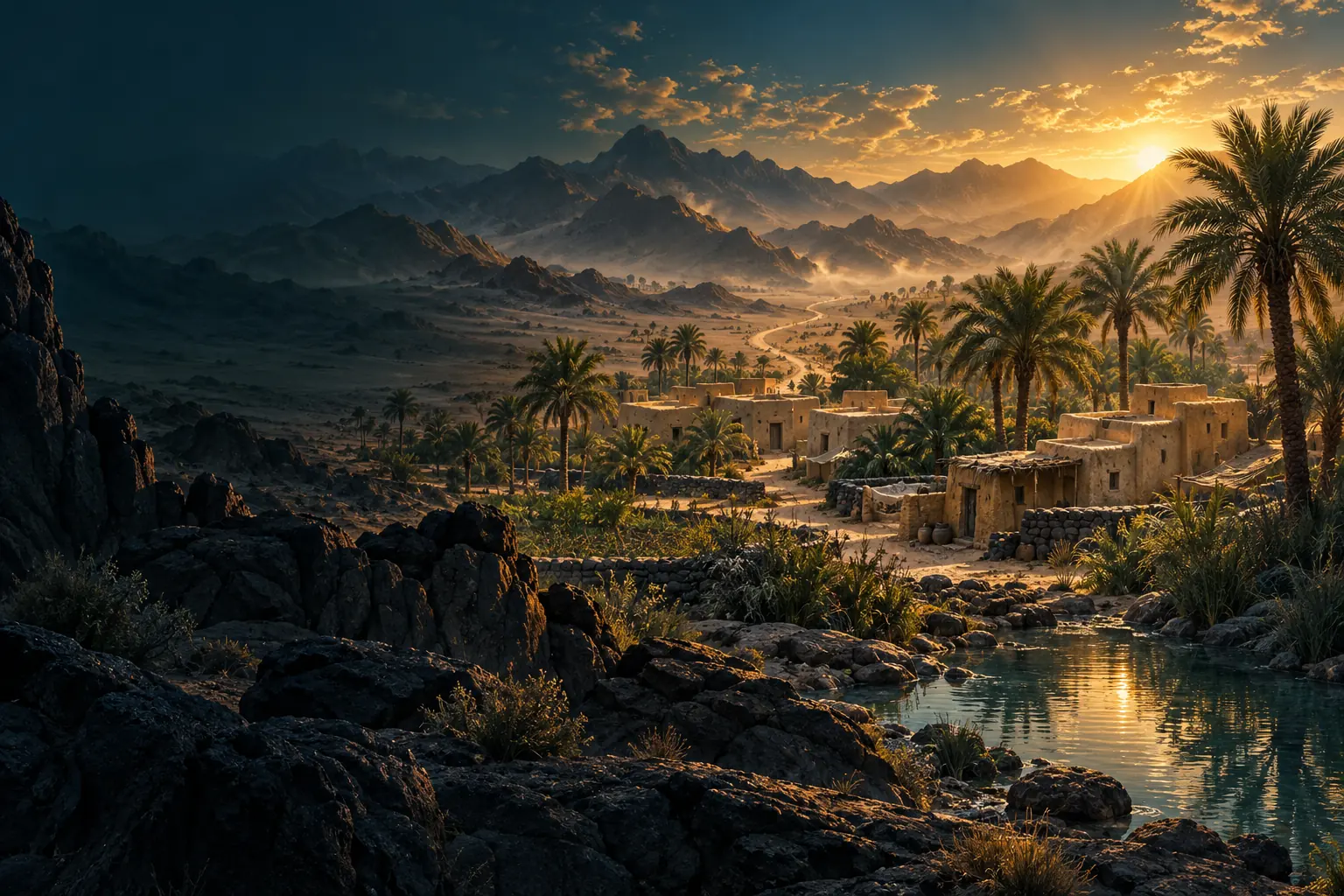 An Arabian oasis, lava-stone terrain, and an open road evoke migration and community building.