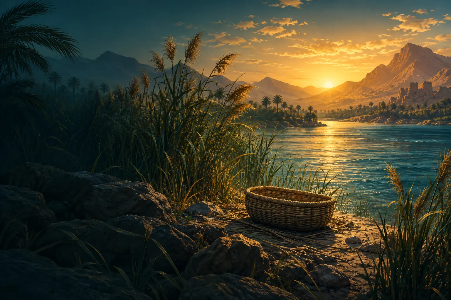 River reeds and an empty basket recall the opening account, with mountains beyond suggesting the later calling.