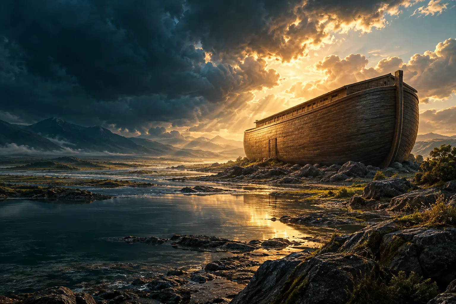 An ark beneath a clearing sky recalls rescue after the flood.