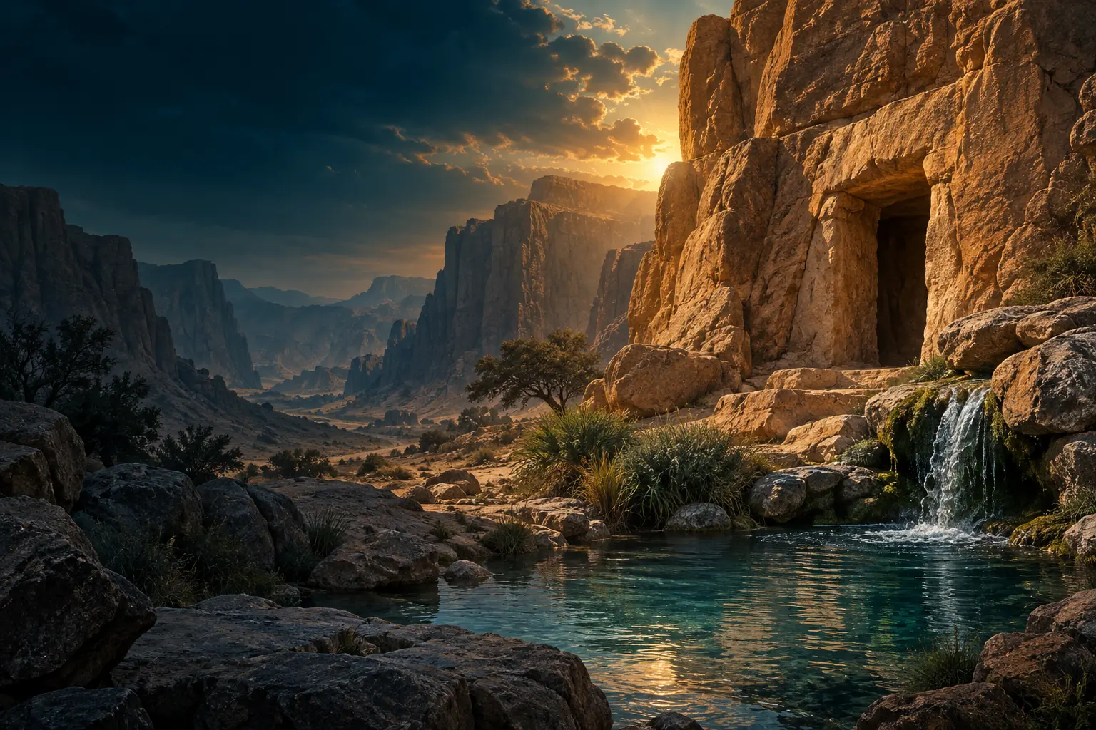 Sandstone dwellings and a spring recall Thamud’s rock-cut setting and the water-sharing test.