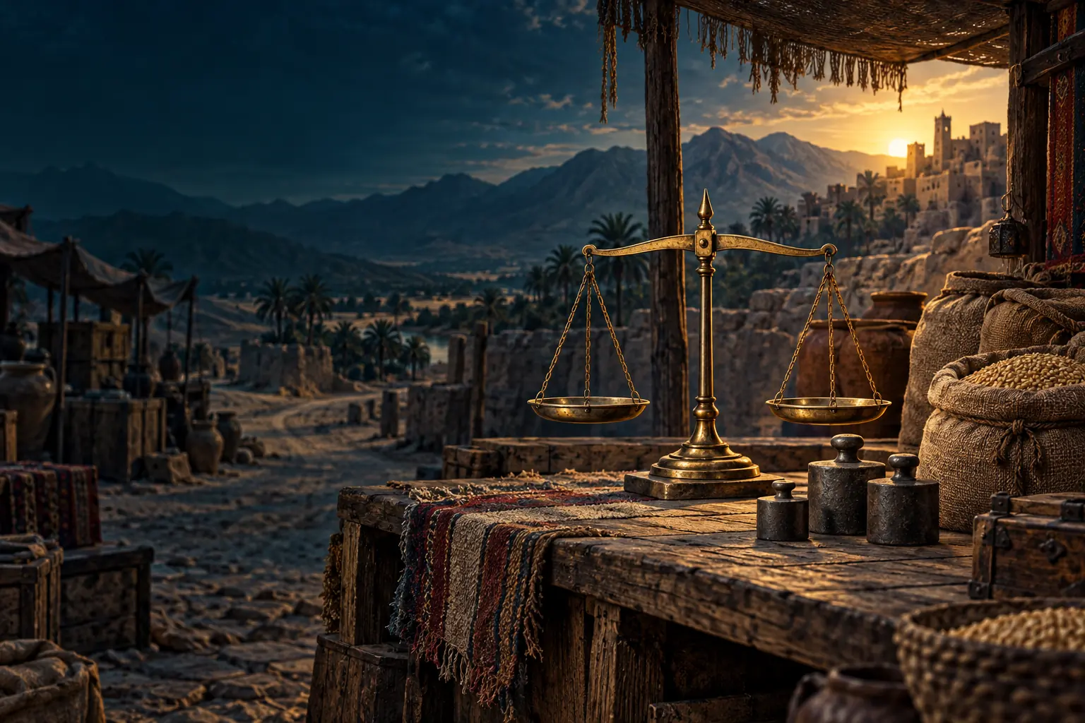 Balanced scales in an empty market recall honest measures and the rights of other people.