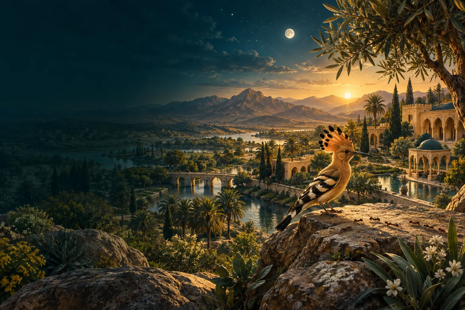 A hoopoe and a small trail of ants beside cultivated waterways recall two distinctive Qur’anic episodes.