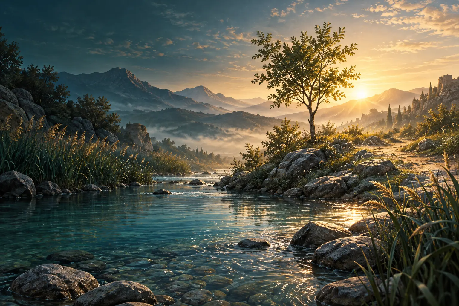 A clear stream and a young tree evoke purity and early wisdom.