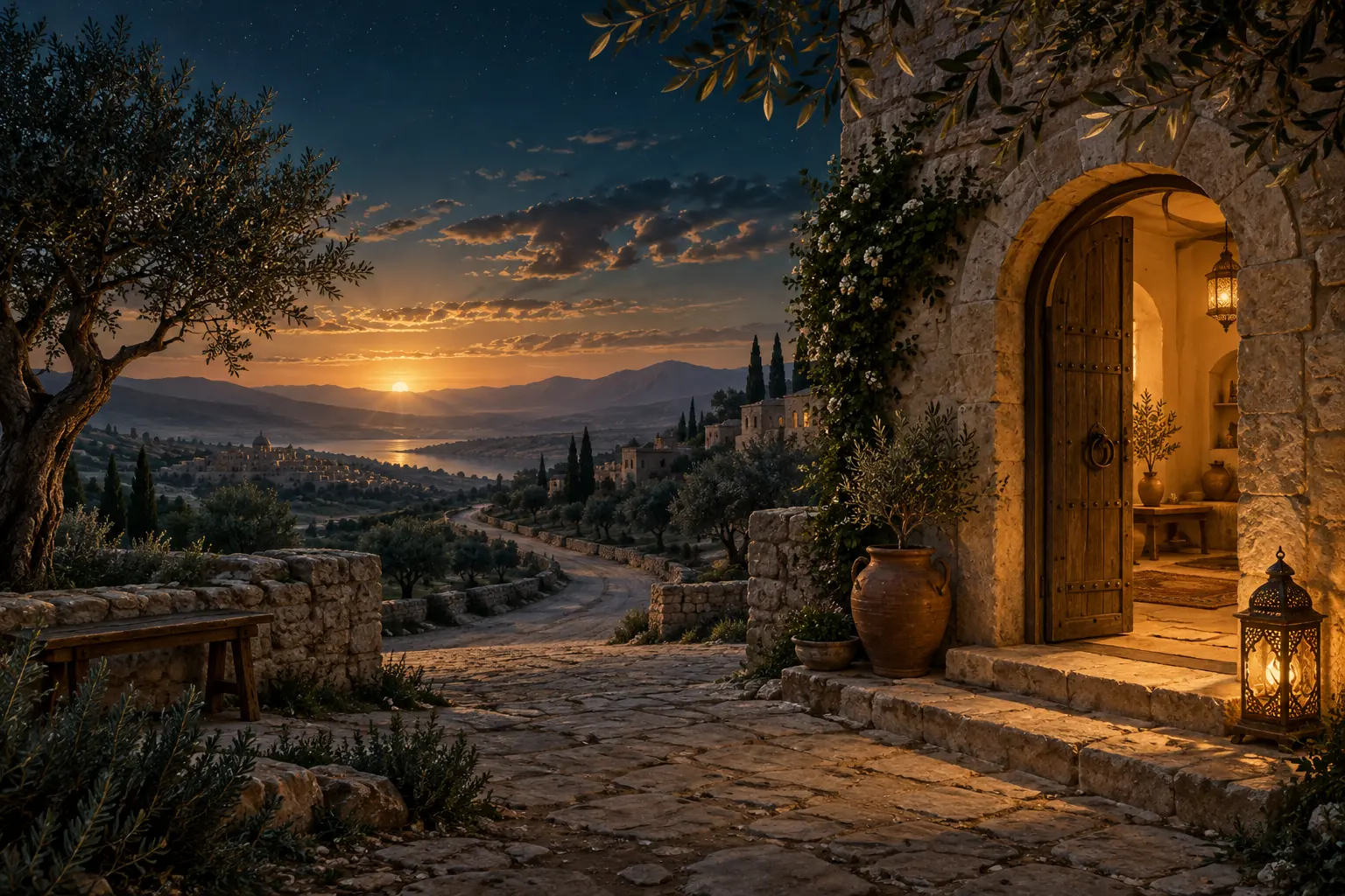 A long road leading toward a warmly lit home recalls separation and reunion.