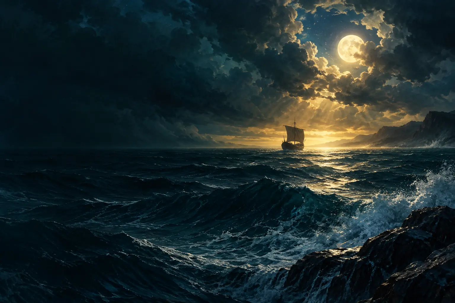 A vessel beneath a clearing night sky recalls distress at sea and hope.