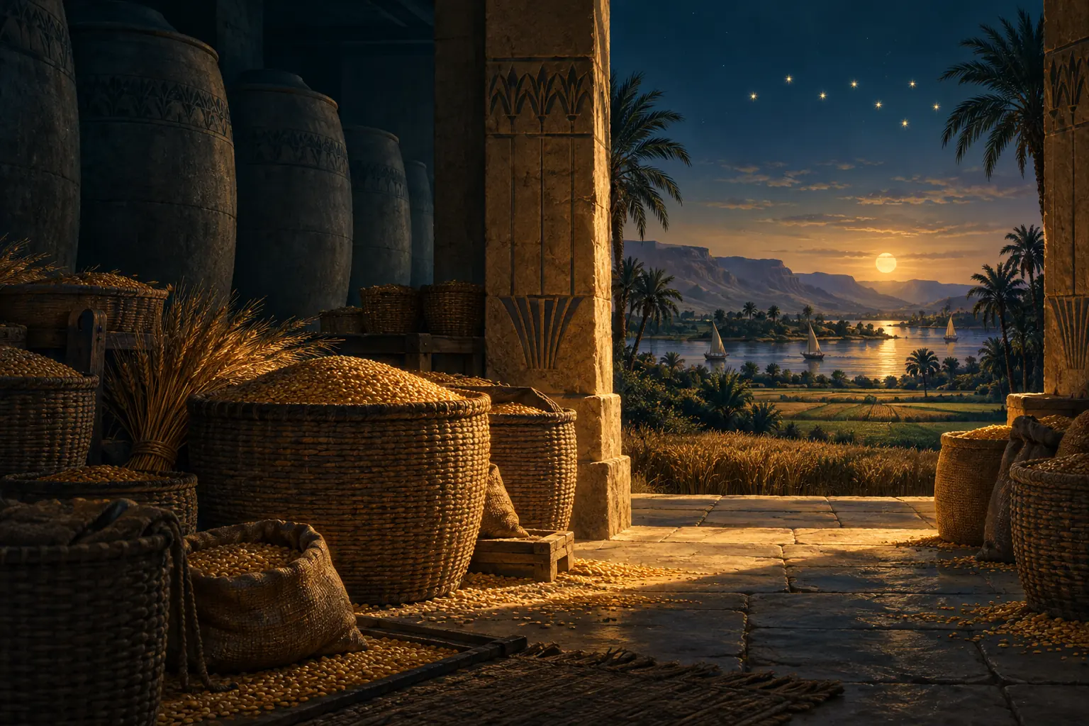Grain stores beside the Nile recall Yusuf’s plan for years of abundance and famine.