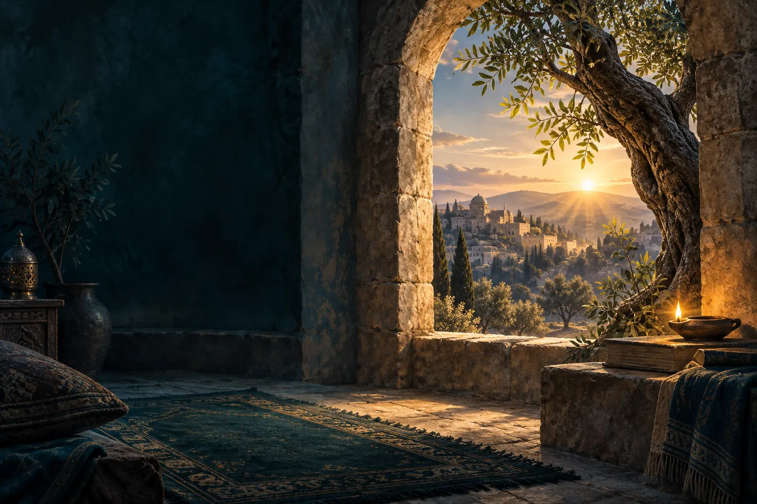 An empty prayer recess and an old olive tree with new leaves evoke private supplication and renewed hope.